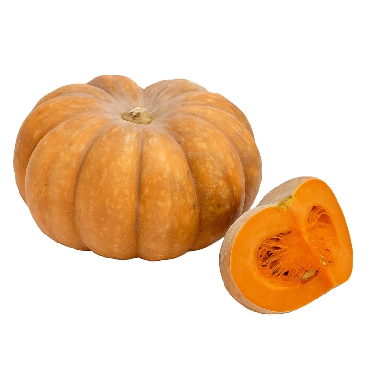 Calabaza Provenzal entera de color naranja con estrías y una porción cortada mostrando su pulpa anaranjada interior