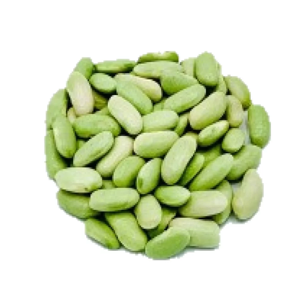 Montón de habas verdes frescas de la variedad Faba Verdina sobre fondo blanco