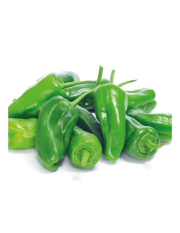 Grupo de pimientos verdes alargados tipo Entenza dispuestos sobre fondo blanco