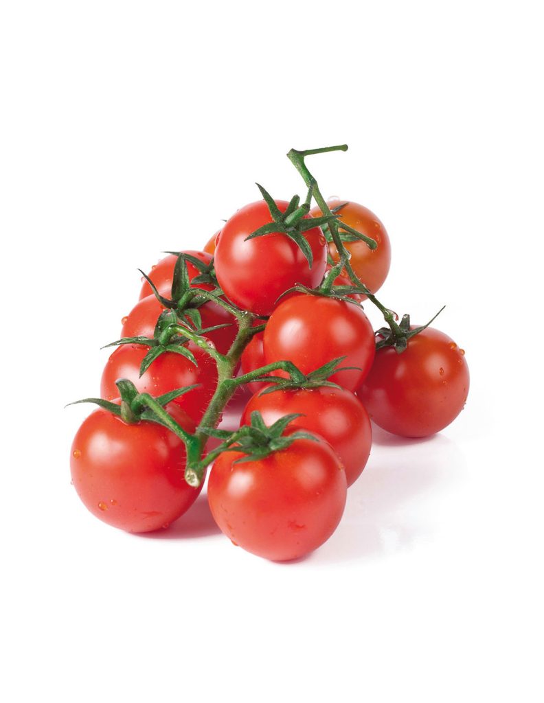 Racimo de tomates cherry rojos maduros con tallos verdes sobre fondo blanco