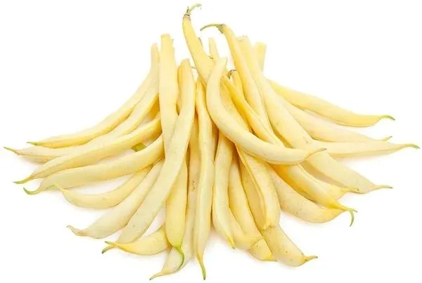 Vainas amarillas de judía enrame dispuestas en forma circular sobre fondo blanco